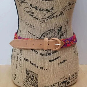 Multi-colored Braided Woven Rope and Leather Belt in Size Medium